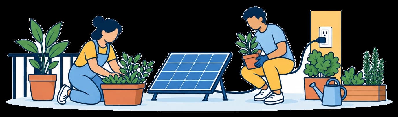 Two people gardening on a balcony beside a plug-in solar panel connected to an outdoor outlet