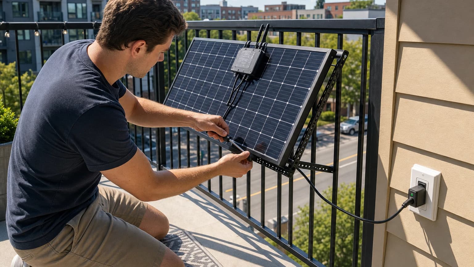 Person completing a plug-in solar DIY installation on an apartment balcony railing