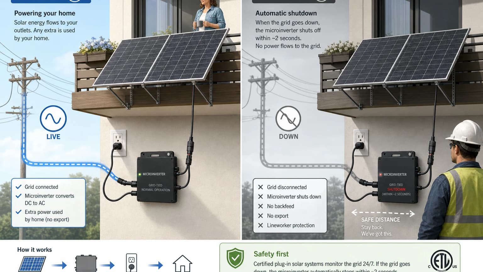 Illustration of anti-islanding protection automatically shutting down plug-in solar system during a power outage