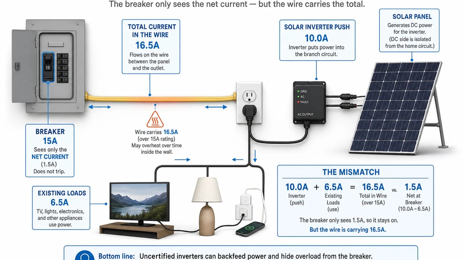 Diagram illustrating how breaker masking from an uncertified plug-in solar inverter can overheat home wiring