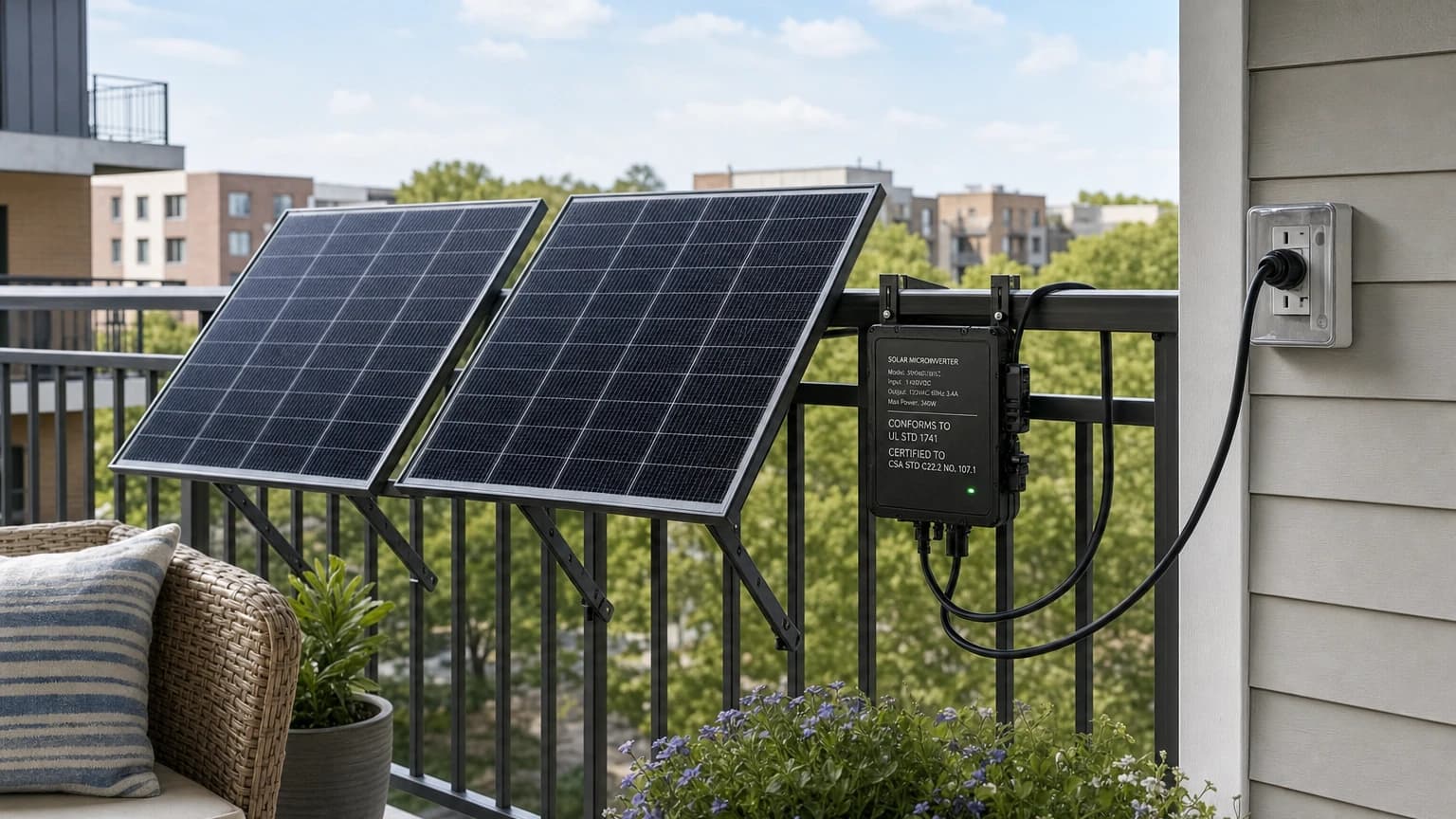 Certified plug-in solar panel mounted on apartment balcony railing connected to outdoor outlet with UL certification label visible