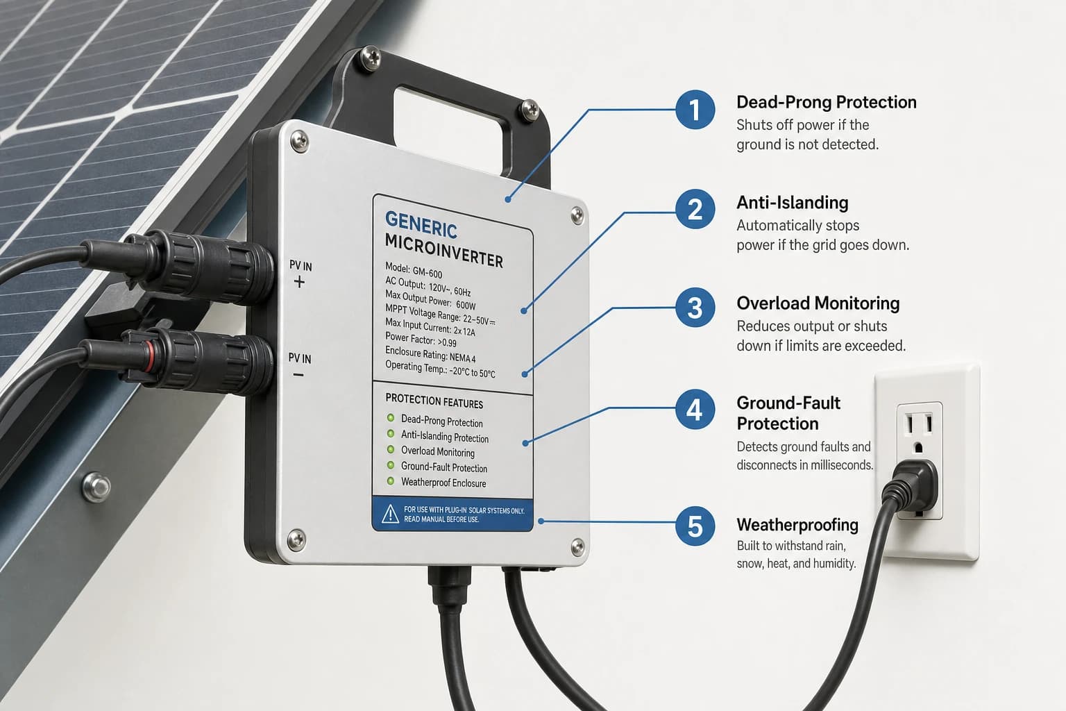 UL 3700 certification label on plug-in solar product with five safety requirement callouts labeled