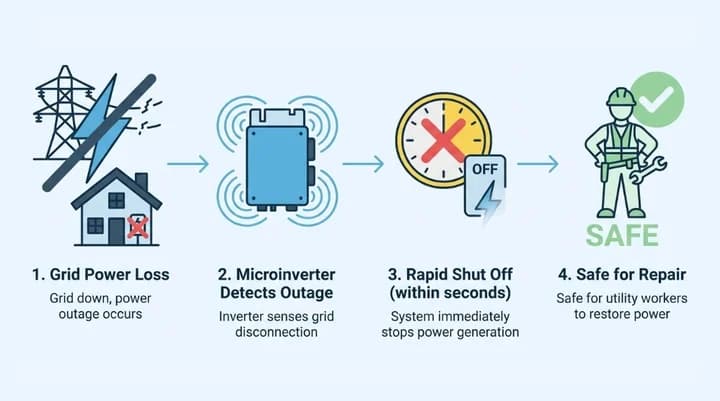 Four-step infographic of microinverter rapid shutoff during a grid outage: power loss, outage detection, fast shutdown, and safe conditions for utility repair