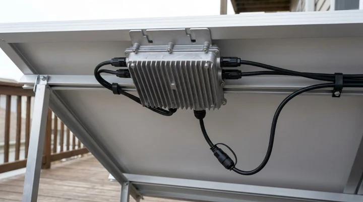 Microinverter with heat sink fins mounted on the rail behind a solar panel, with DC cabling and a connector visible
