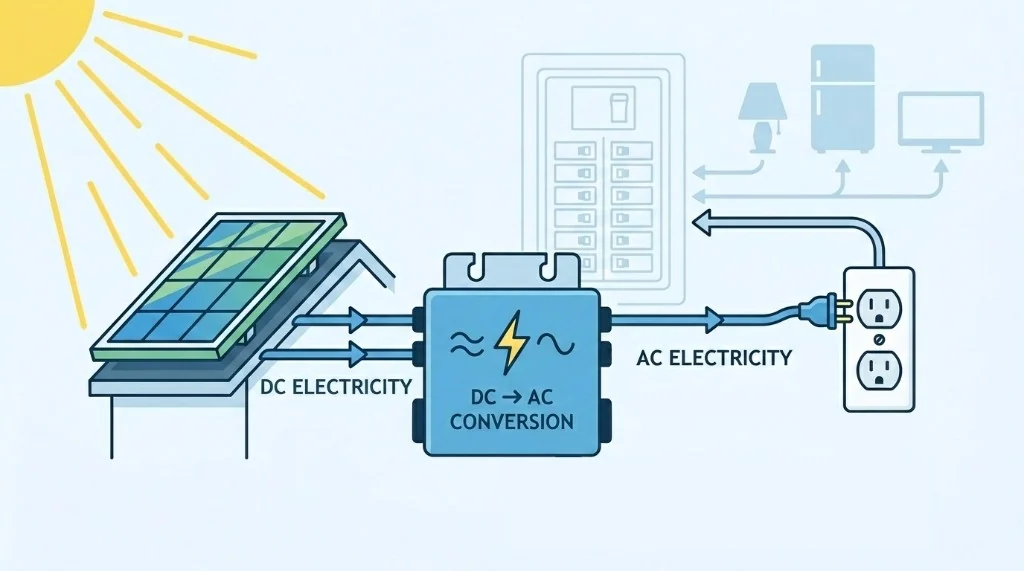 Educational diagram of a solar panel feeding DC electricity into a microinverter for DC to AC conversion, then into a wall outlet to power home appliances