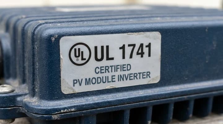 Close-up of a UL 1741 certified label on a solar microinverter housing showing the UL mark and PV module inverter wording