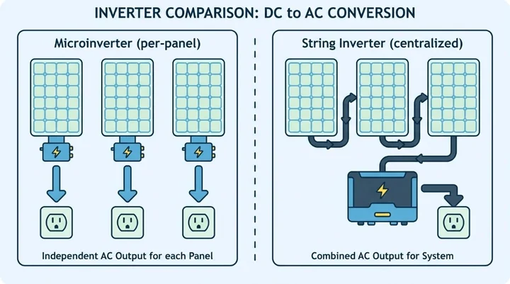 Comparison diagram of microinverters at each panel versus a single centralized string inverter feeding one AC output