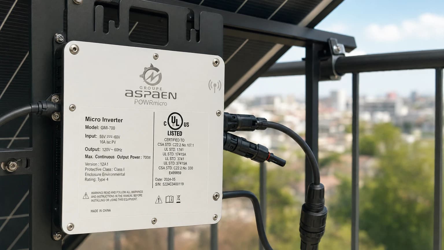UL certification mark on a plug-in solar microinverter mounted on an apartment balcony railing