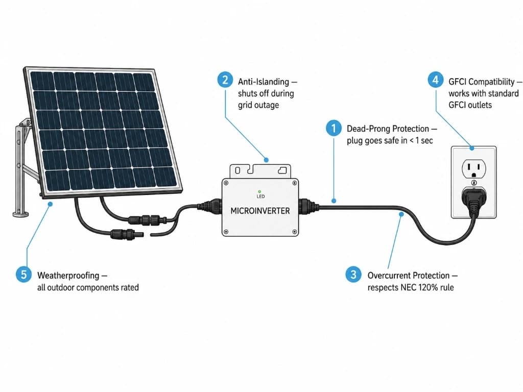 Technical diagram of a plug-in solar system showing the five UL 3700 requirements: dead-prong protection, anti-islanding, overcurrent protection, GFCI compatibility, and weatherproofing