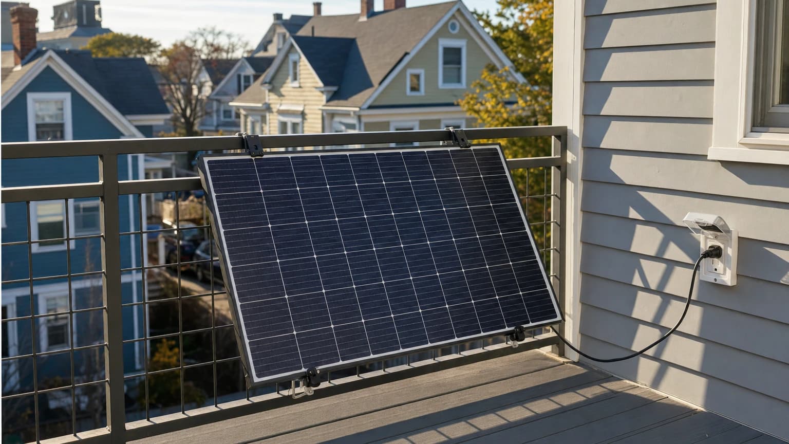 Plug-in solar panel mounted on an apartment balcony in Portland, Maine with coastal architecture in the background