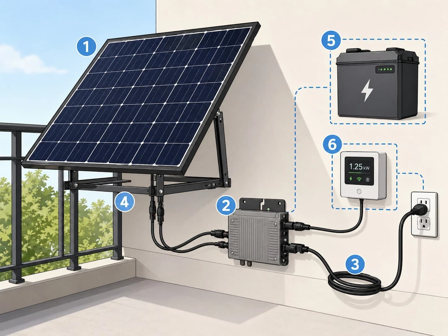 Diagram showing the numbered components of a plug-in solar system: solar panel, microinverter, AC power cable, mounting hardware, optional battery, and optional smart meter