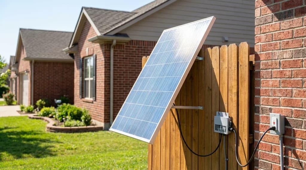 Plug-in solar panel mounted on a backyard fence showing how plug-in solar works in a residential setting