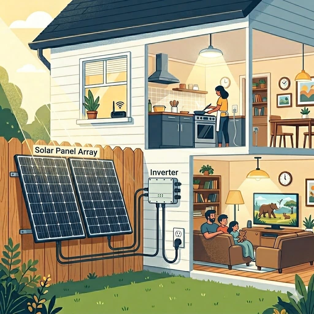 Cross-section illustration of a home showing a plug-in solar panel on a backyard fence, inverter on the exterior wall, and household rooms using electricity from the system
