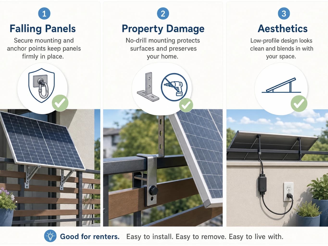 Diagram addressing three main landlord concerns about balcony solar landlord permission