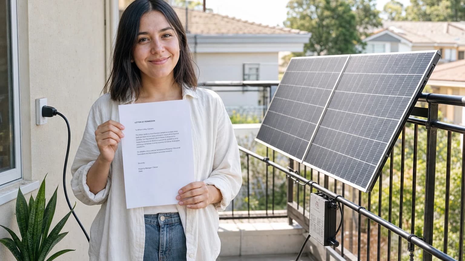 Renter holding landlord permission letter for plug-in solar with balcony solar panels visible in background