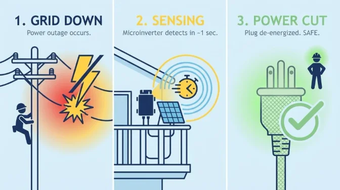 Illustration of anti-islanding safety feature cutting power when the grid goes down