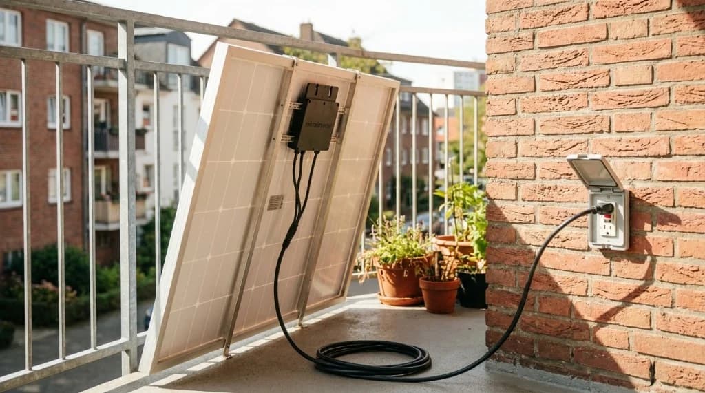 Plug-in solar panel connected to a regular household outlet on an apartment balcony