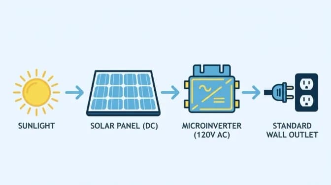 Diagram showing how a microinverter converts DC solar power to AC electricity for a standard outlet