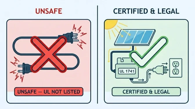 Comparison between a dangerous suicide cord and a certified plug-in solar system