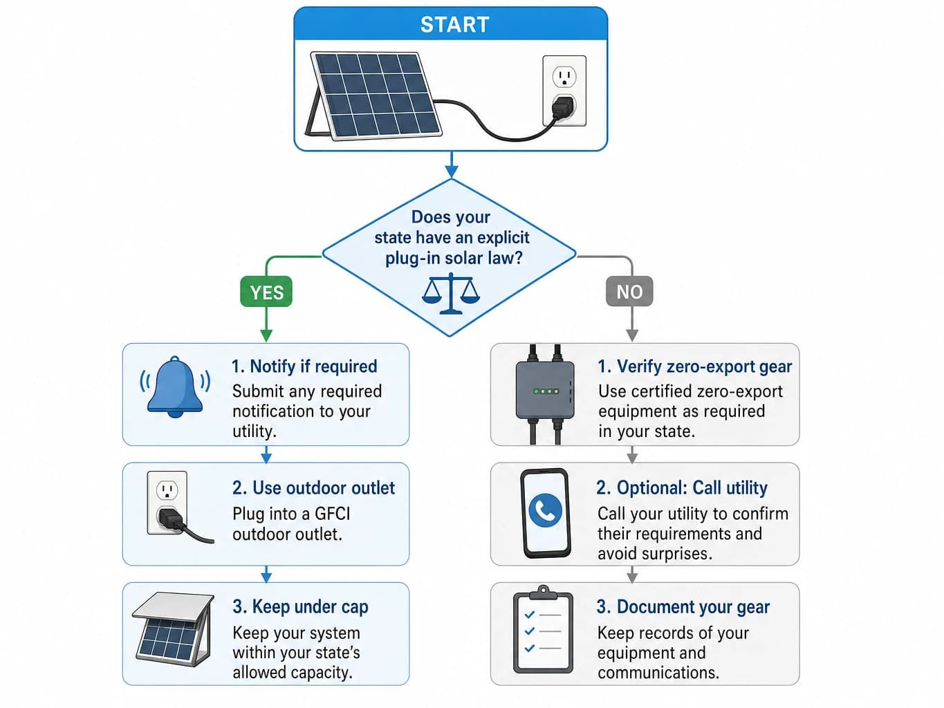 Decision flowchart showing steps required before installing plug-in solar depending on whether your state has enabling legislation