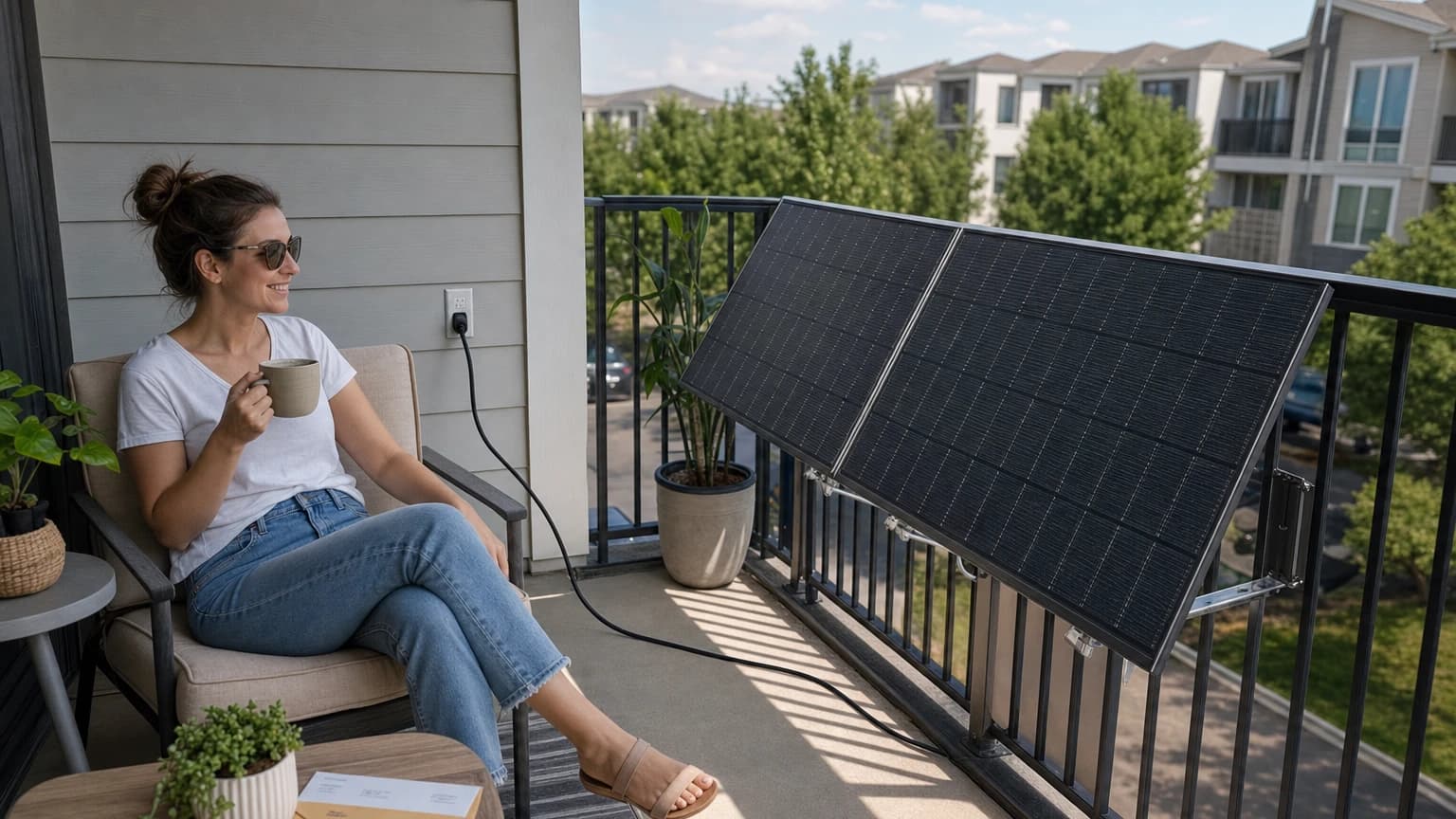 Balcony solar panel mounted on apartment railing — plug-in solar payback in 3–5 years