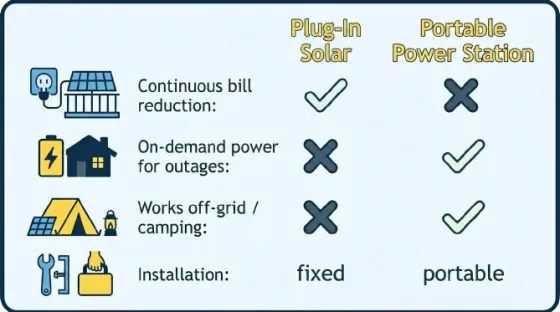 Comparison chart for plug-in solar versus a portable power station across bill savings, outage backup, off-grid use, and installation type