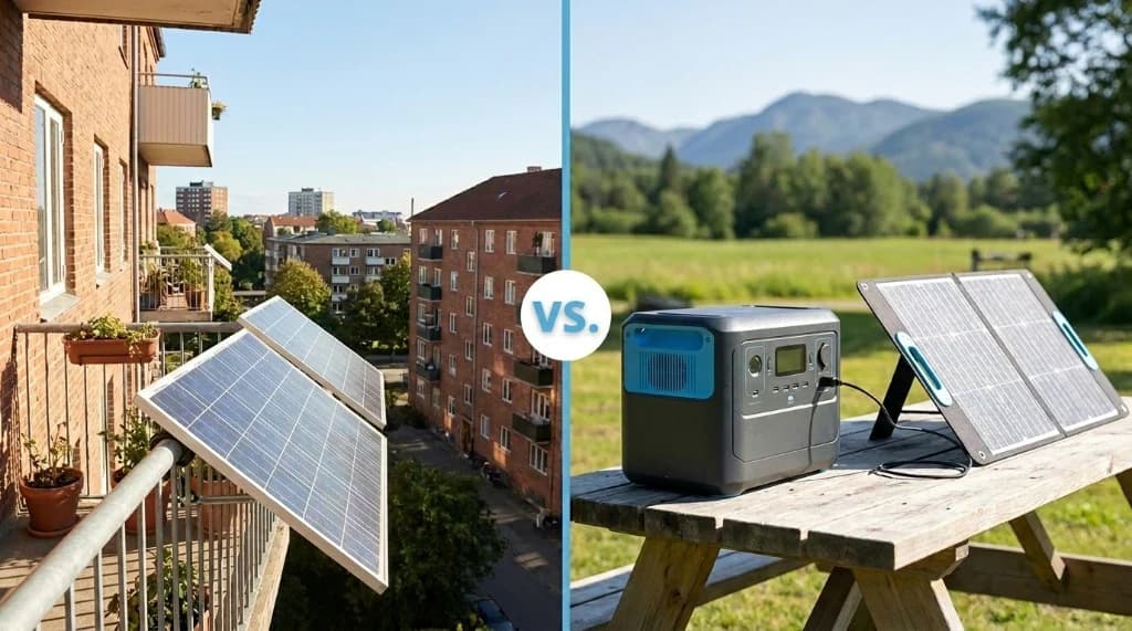 Comparison of plug-in solar panels on an apartment balcony and a portable solar generator with foldable panels on a picnic table outdoors