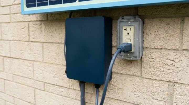 Plug-in solar inverter box mounted on an exterior brick wall with a cable plugged into a weatherproof outdoor outlet