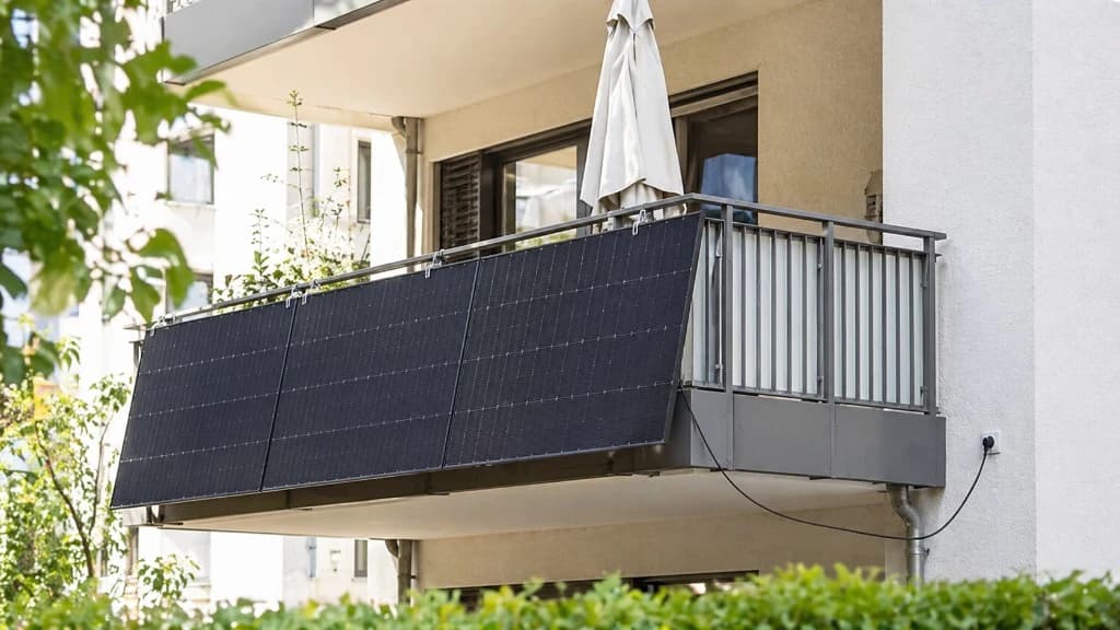 Plug-in solar panel mounted on apartment balcony railing with cable running to wall outlet