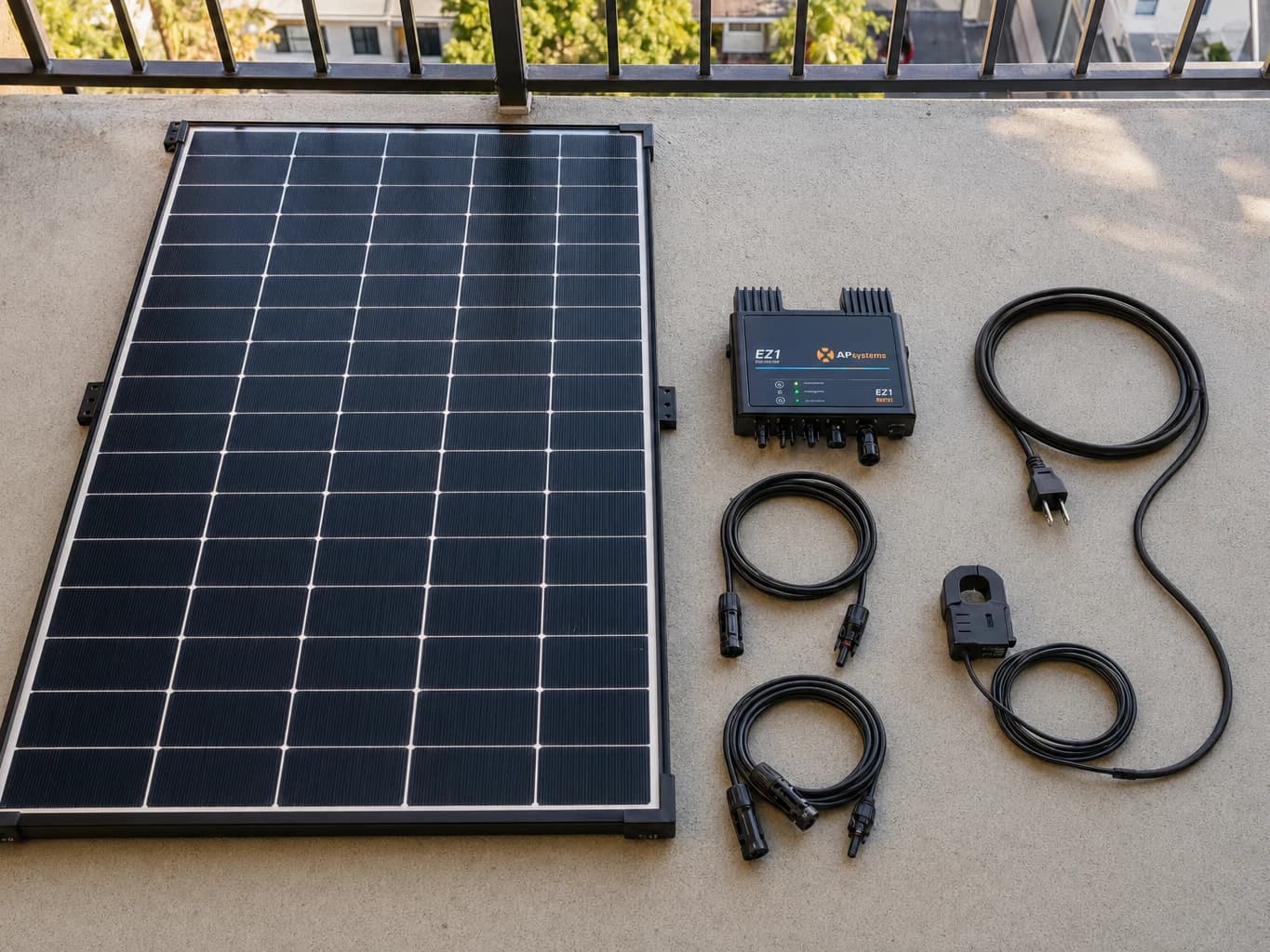 Complete zero-export plug-in solar kit laid out on apartment balcony including panel, zero-export inverter, cables, and outlet plug