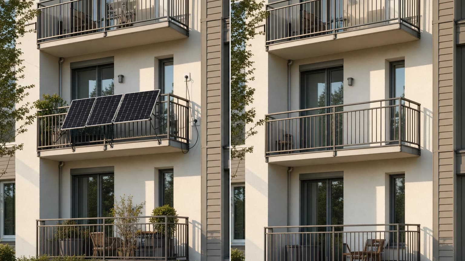 German balconies with solar panels versus US apartments without solar, showing the adoption gap between countries