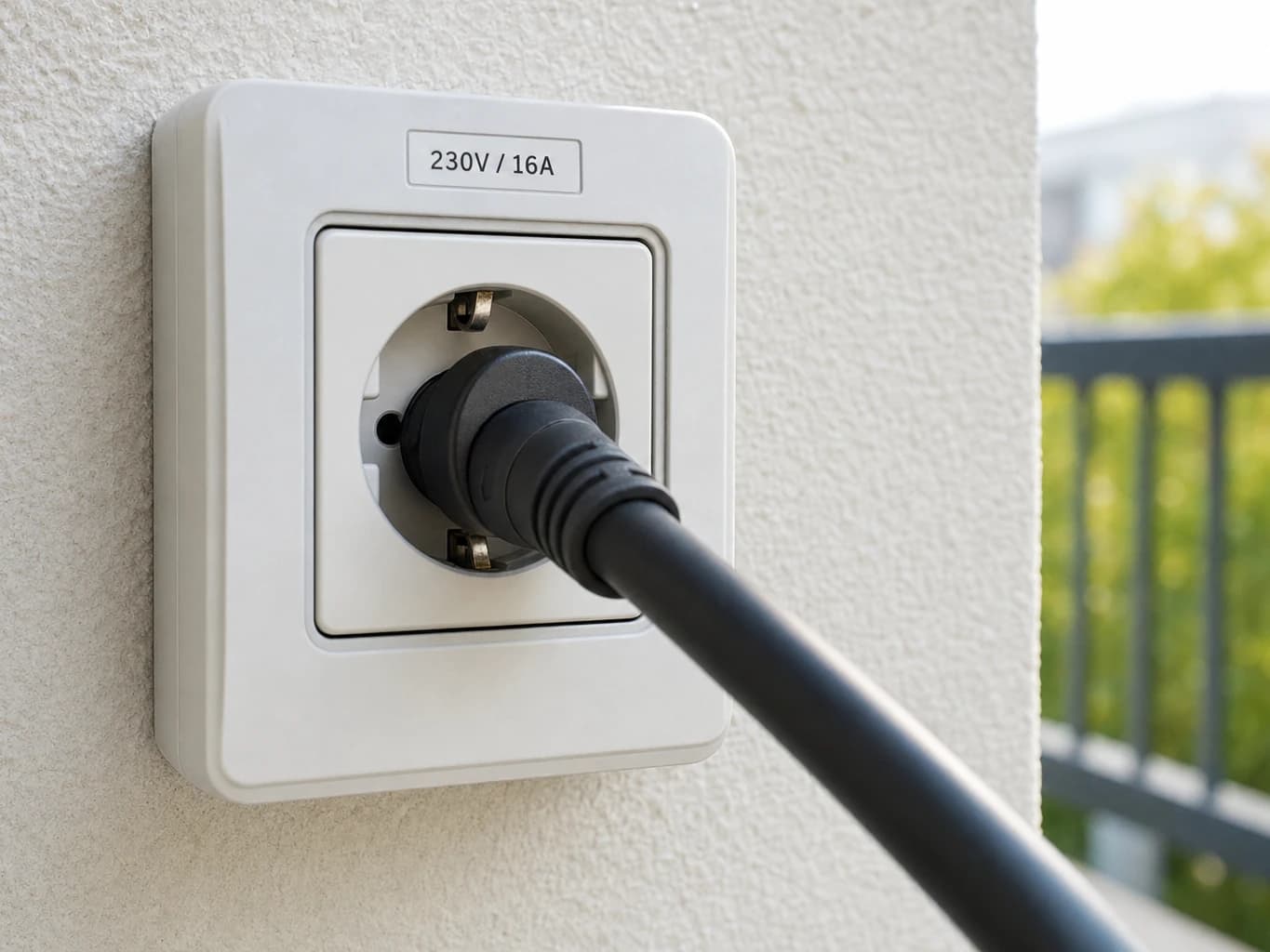 German Schuko socket with balcony solar microinverter plug, showing 230V and 16A capacity