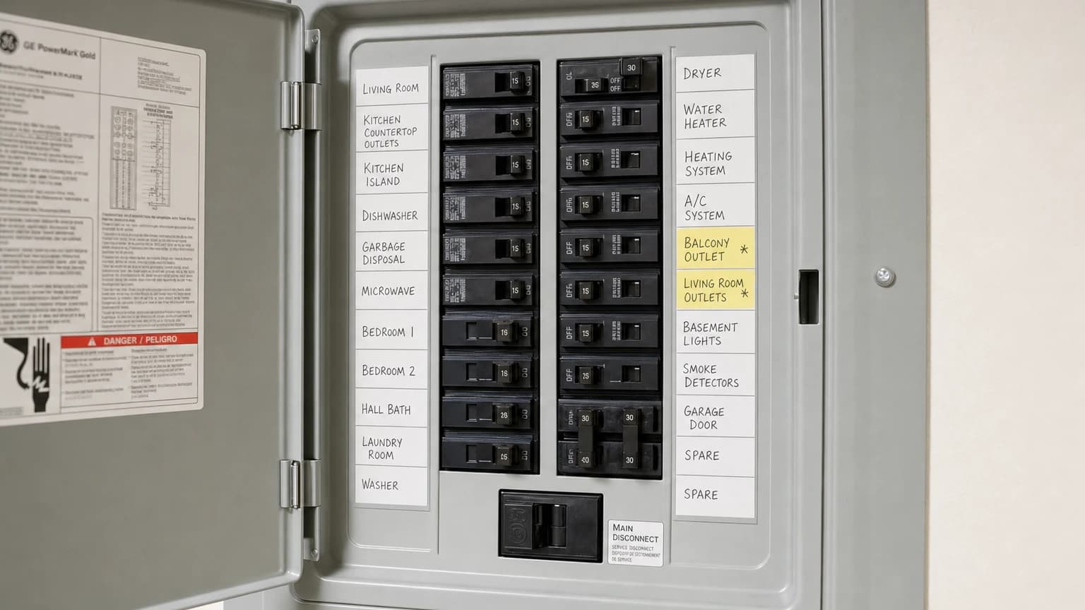 Apartment electrical panel with individual circuit breakers for plug-in solar safety reference.