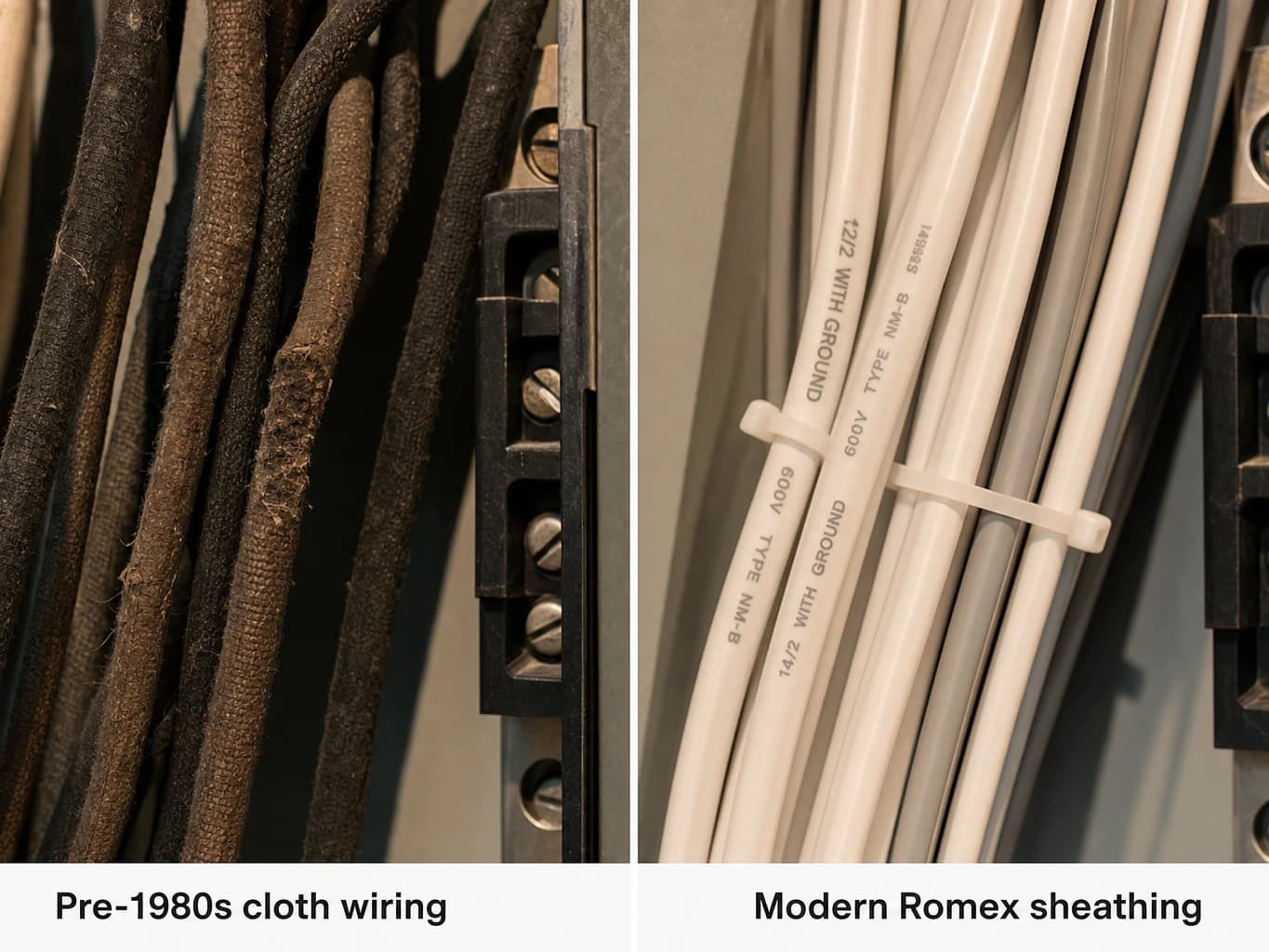 Comparison of old apartment electrical wiring (pre-1980s cloth insulation) versus modern apartment wiring.