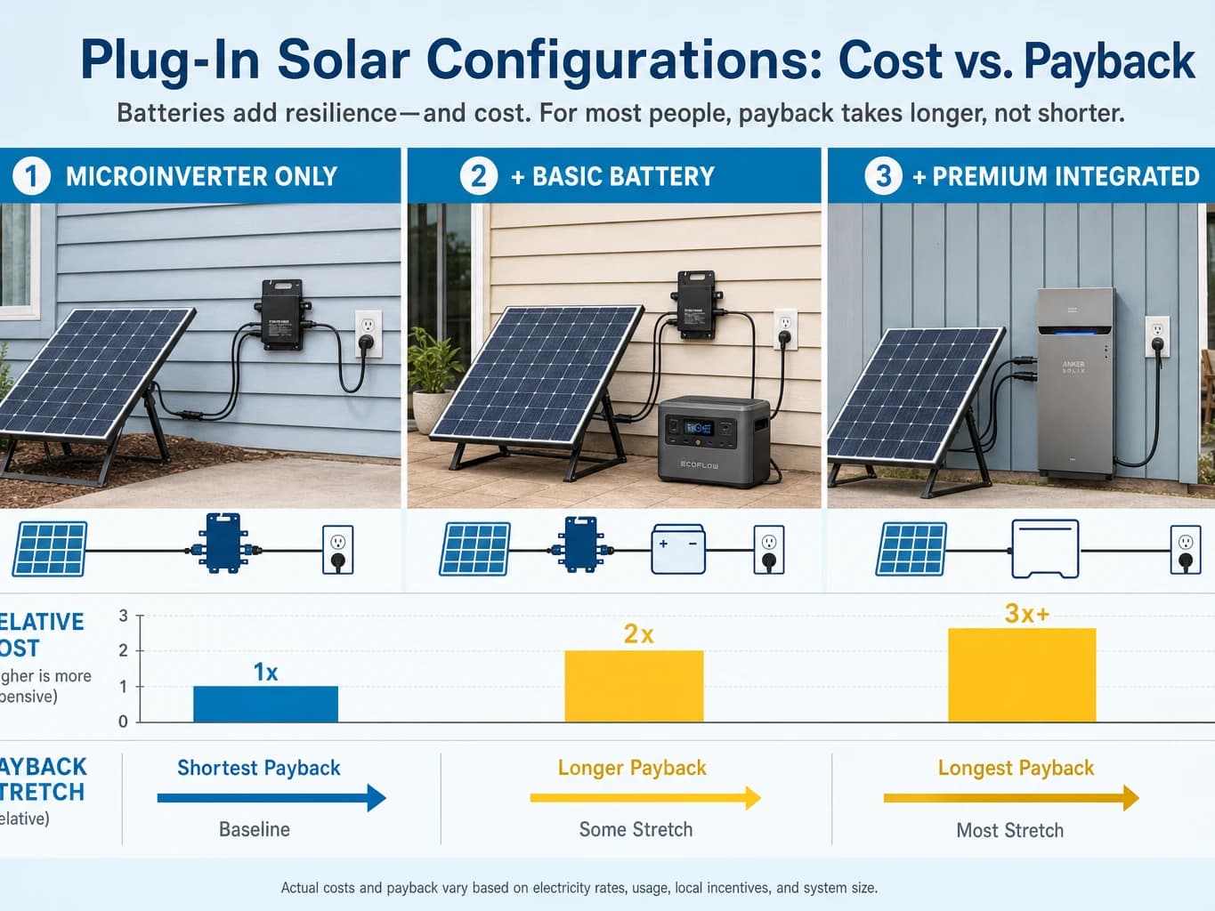 Cost comparison chart for plug-in solar with and without battery storage
