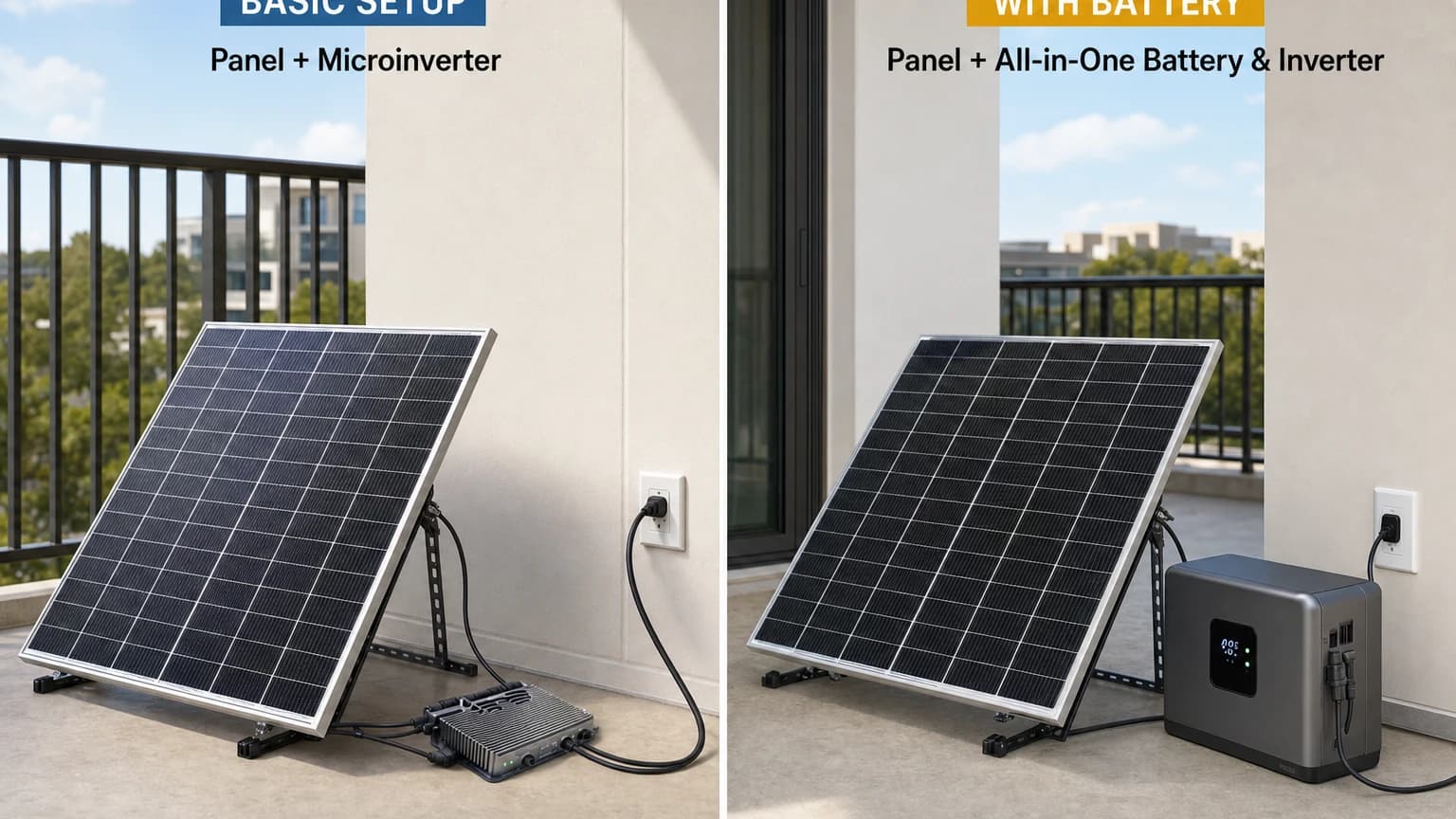 Apartment balcony showing grid-tie plug-in solar panel vs. battery-integrated system