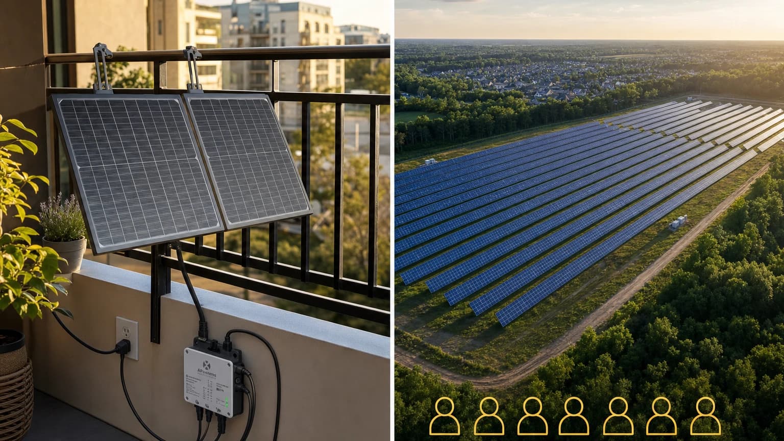 Plug-in solar panels on apartment balcony compared to community solar farm — two options for renters