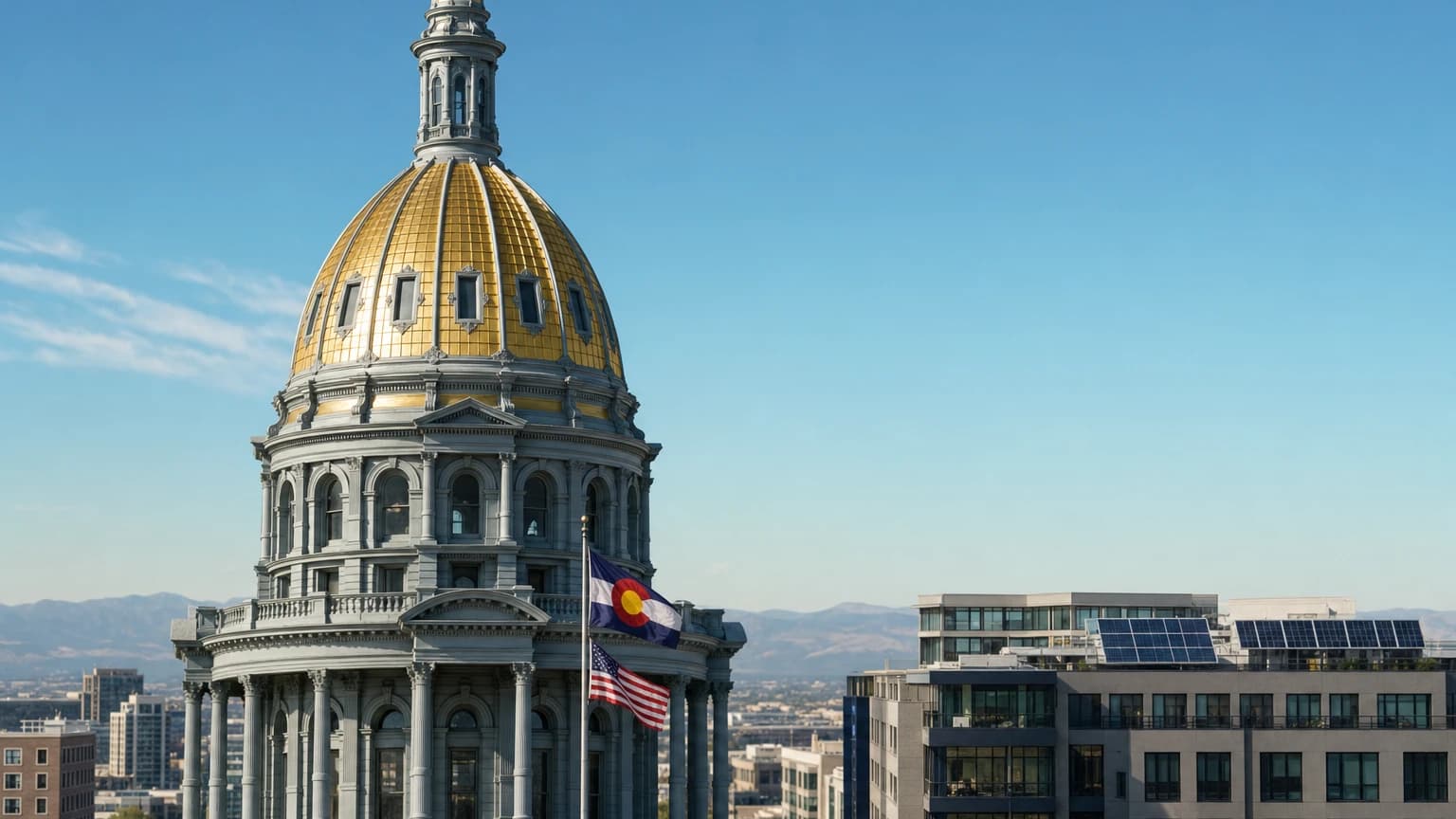 Colorado Capitol building in Denver, with solar panels on a nearby building, symbolizing Colorado's new plug-in solar law