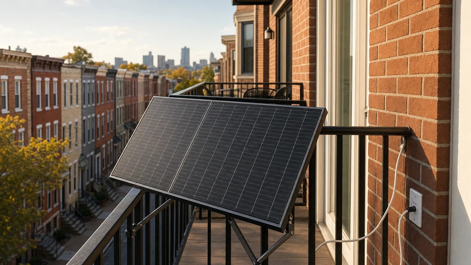 Plug-in solar panel on a Baltimore balcony — Maryland plug-in solar law HB 1532