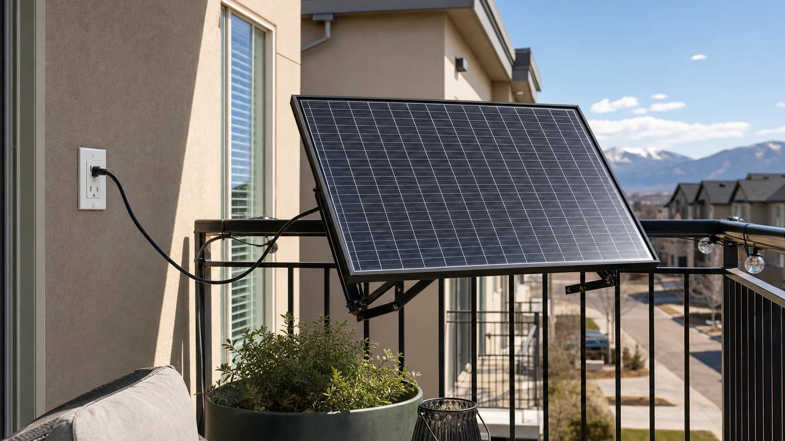Plug-in solar panel on a Utah balcony railing, legal under HB 340 since May 2025