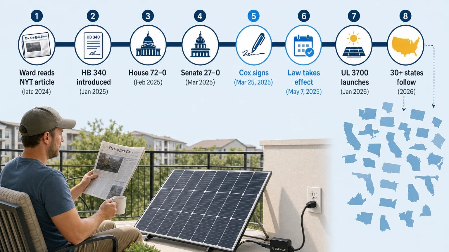 Timeline of Utah HB 340 plug-in solar law from introduction to national movement